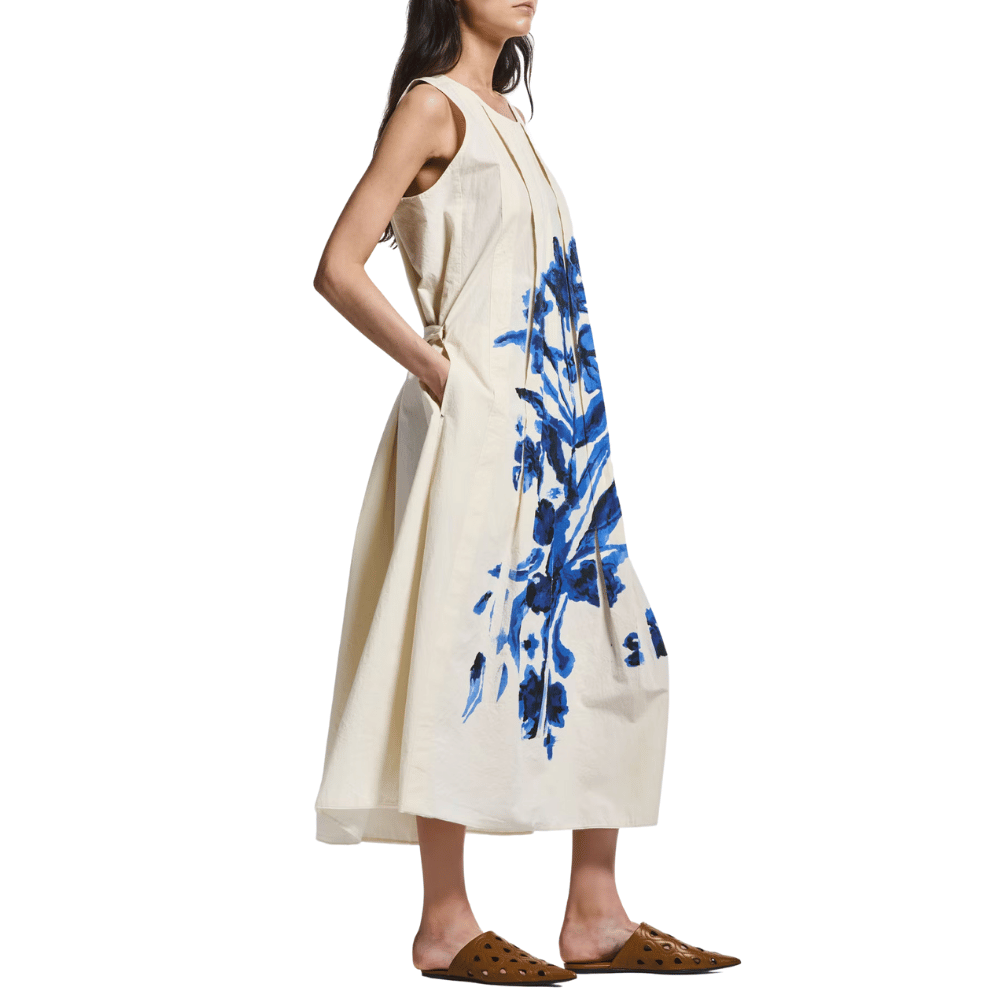 HIGH Cheerful Pleated Floral Print Midi Dress in Ecru HIGH OFFICIAL Designer fashion shop online and in store High End fashion boutique Sydney Australia Riada Concept