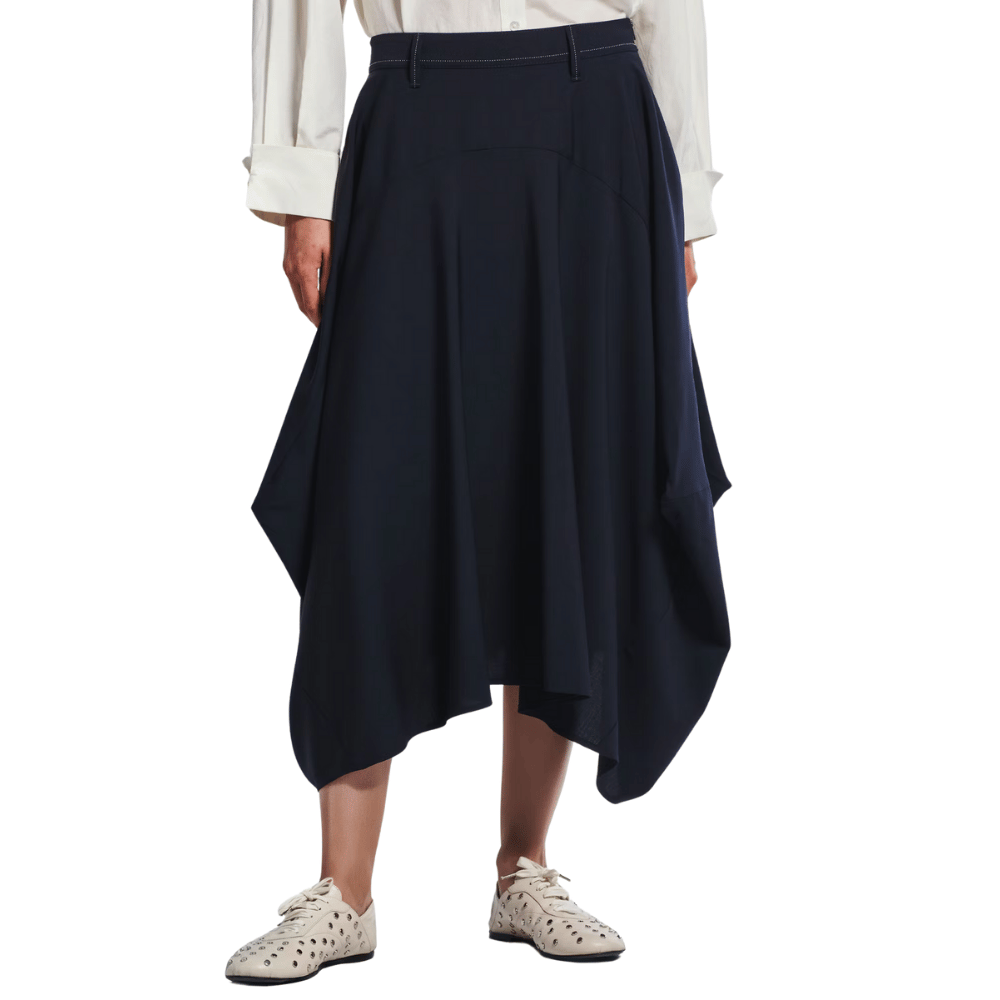 HIGH Knowingly Asymmetric Wool Midi Skirt in Navy Blue HIGH OFFICIAL Designer fashion shop online and in store High End fashion boutique Sydney Australia Riada Concept