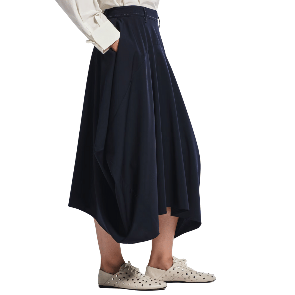 HIGH Knowingly Asymmetric Wool Midi Skirt in Navy Blue HIGH OFFICIAL Designer fashion shop online and in store High End fashion boutique Sydney Australia Riada Concept