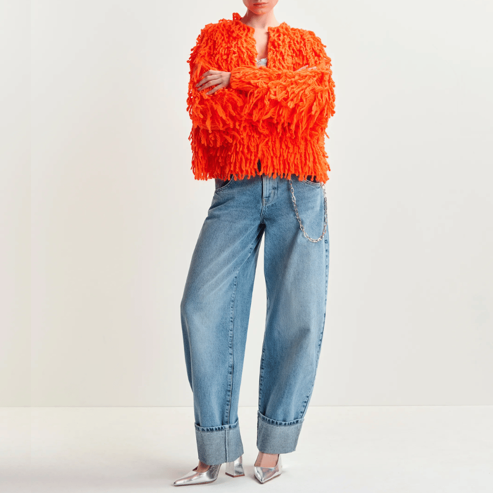 Essentiel Antwerp Hinwood Oversized Loop Stitch Knit Cardigan in Bright Orange ESSENTIEL ANTWERP Designer fashion shop online and in store High End fashion boutique Sydney Australia Riada Concept
