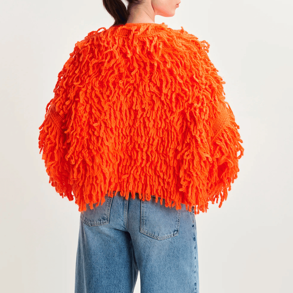 Essentiel Antwerp Hinwood Oversized Loop Stitch Knit Cardigan in Bright Orange ESSENTIEL ANTWERP Designer fashion shop online and in store High End fashion boutique Sydney Australia Riada Concept