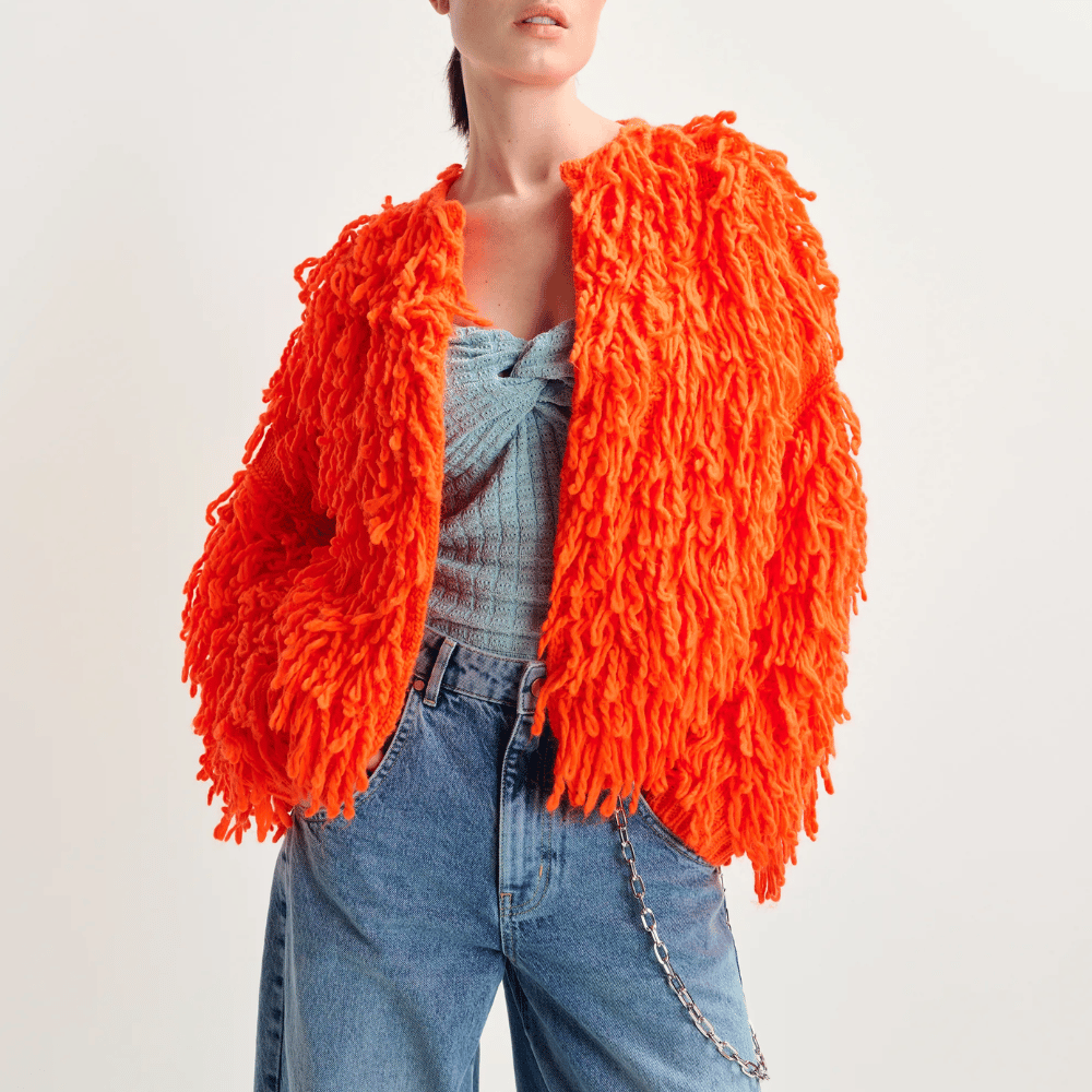 Essentiel Antwerp Hinwood Oversized Loop Stitch Knit Cardigan in Bright Orange ESSENTIEL ANTWERP Designer fashion shop online and in store High End fashion boutique Sydney Australia Riada Concept