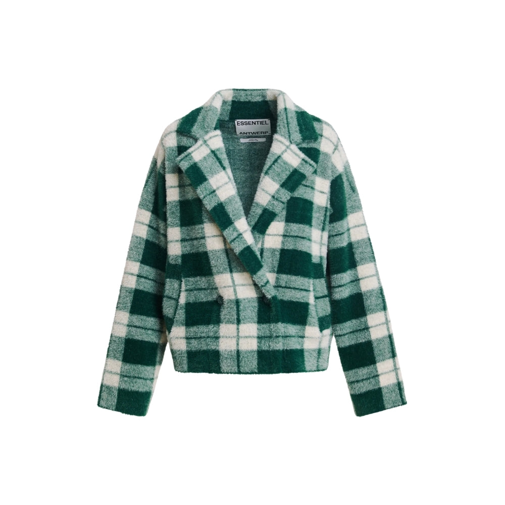 Riada Concept Essentiel Antwerp Karreau knit cardigan in a forest green and off-white check, double-breasted with notched lapels, dropped shoulders and slanted pockets.