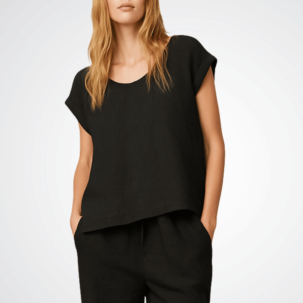 Transit Par Such Linen Cap Sleeve Top in Black — Italian-made relaxed fit linen–viscose blend top with cap sleeves and button-through back, paired with black linen pants from Riada Concept. Transit Par Such at Riada Concept Designer fashion shop online and in store High End fashion boutique Sydney Australia Riada Concept