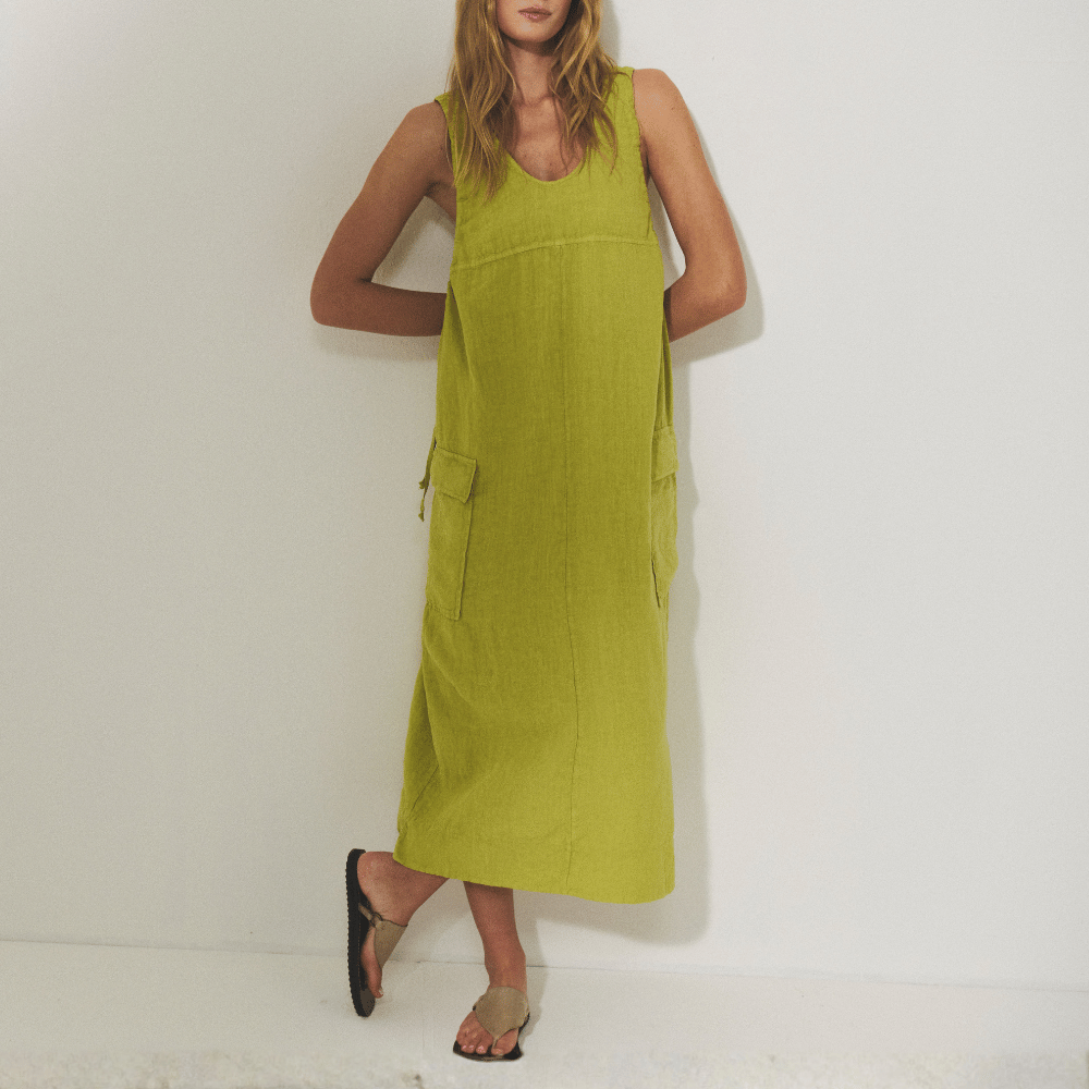 The Transit Par Such Linen Cargo Dress in Lime features a scoop neckline, deep armholes, and adjustable side drawstrings. Transit Par Such at Riada Concept Designer fashion shop online and in store High End fashion boutique Sydney Australia Riada Concept