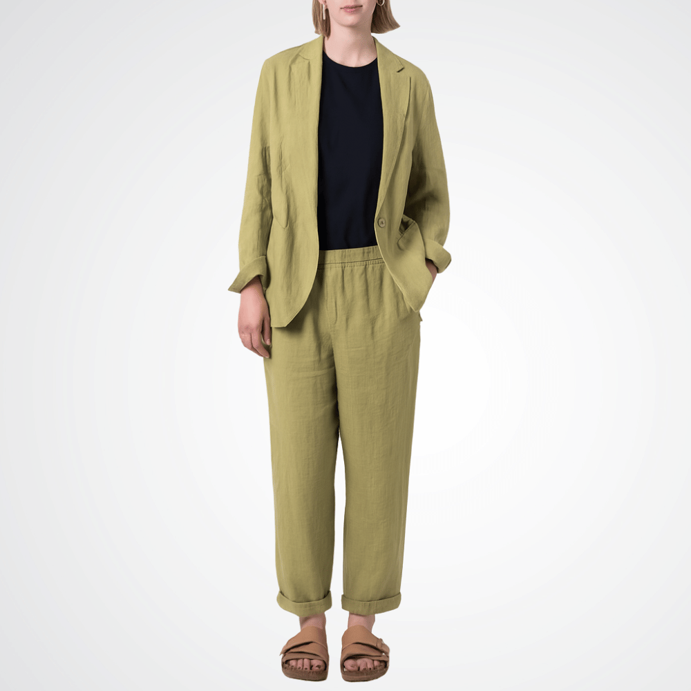 Transit Par Such Linen Slim Pant in Lime — Italian-made tapered linen trousers with high waist and side pockets, styled with black blazer and sandals Transit Par Such at Riada Concept Designer fashion shop online and in store High End fashion boutique Sydney Australia Riada Concept