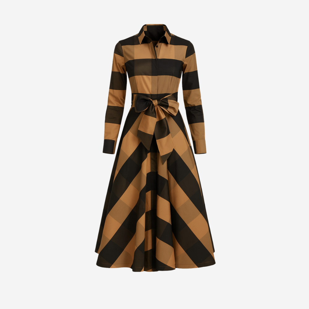 Sara Roka Mariasole Midi Dress in Black and Camel Check international luxury fashion brands and labels available at Riada Concept Woollahra, Sydney Australia and online
