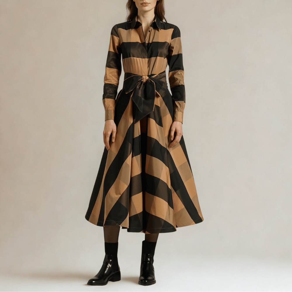 Sara Roka Mariasole Midi Dress in Black and Camel Check international luxury fashion brands and labels available at Riada Concept Woollahra, Sydney Australia and online