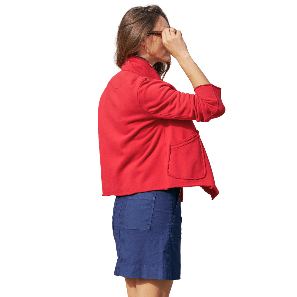 Frank and Eileen Mini Belfast Cropped Sweatshirt Peacoat in Double Decker Red Shop Frank & Eileen online in Australia at Riada Concept – official stockist of Frank & Eileen shirts, dresses, and linen pants. Discover timeless, premium women's fashion with fast shipping from Sydney.