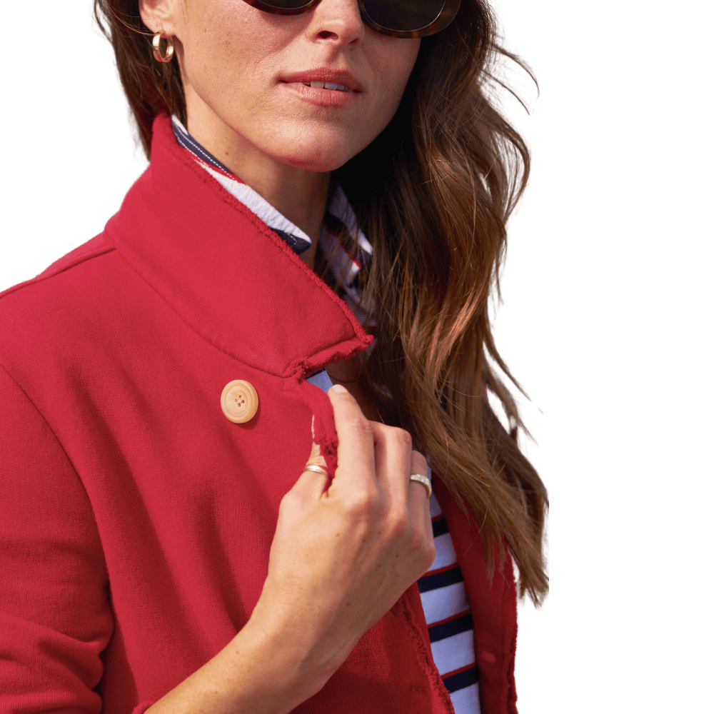 Frank and Eileen Mini Belfast Cropped Sweatshirt Peacoat in Double Decker Red Shop Frank & Eileen online in Australia at Riada Concept – official stockist of Frank & Eileen shirts, dresses, and linen pants. Discover timeless, premium women's fashion with fast shipping from Sydney.