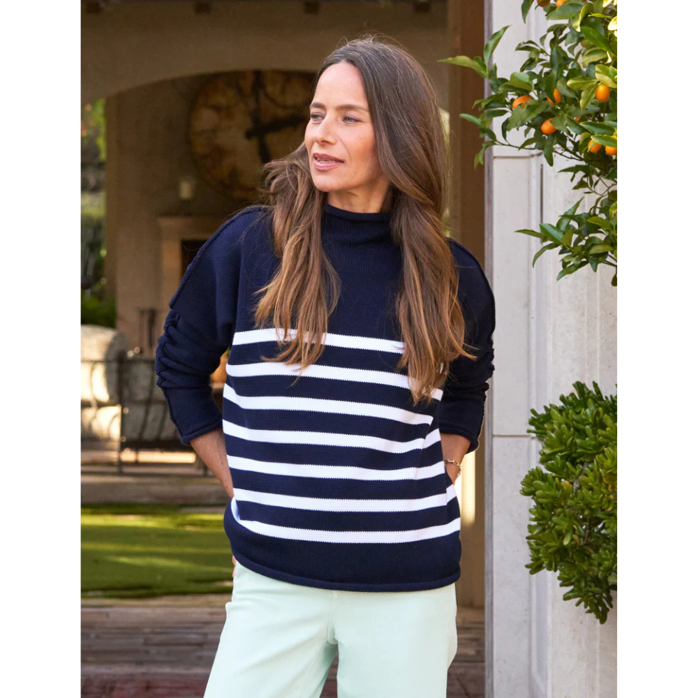 Monterey Rolled Funnel Neck Sweater in Marine with White Stripe