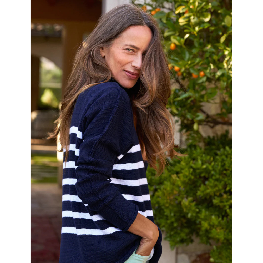 Monterey Rolled Funnel Neck Sweater in Marine with White Stripe