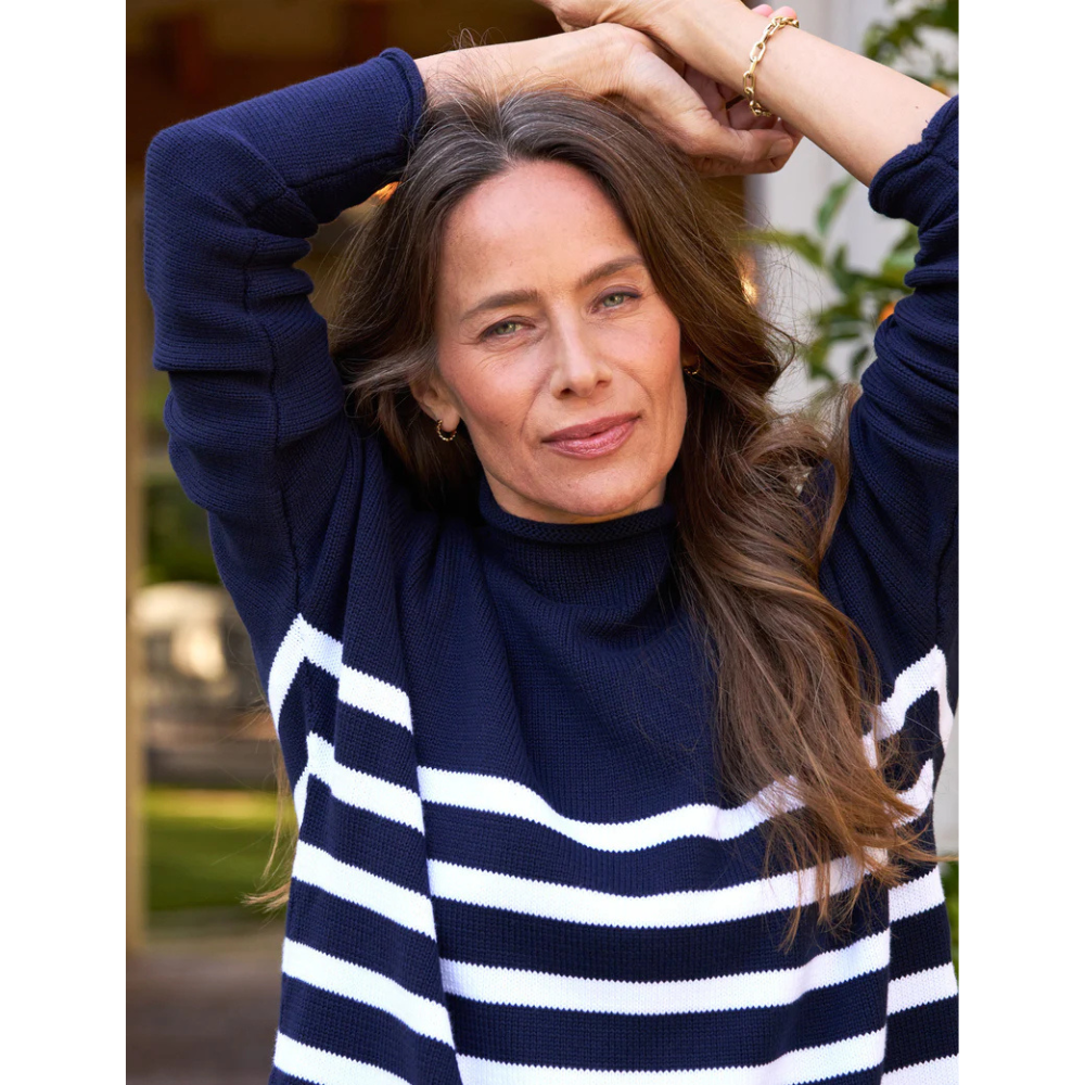 Monterey Rolled Funnel Neck Sweater in Marine with White Stripe