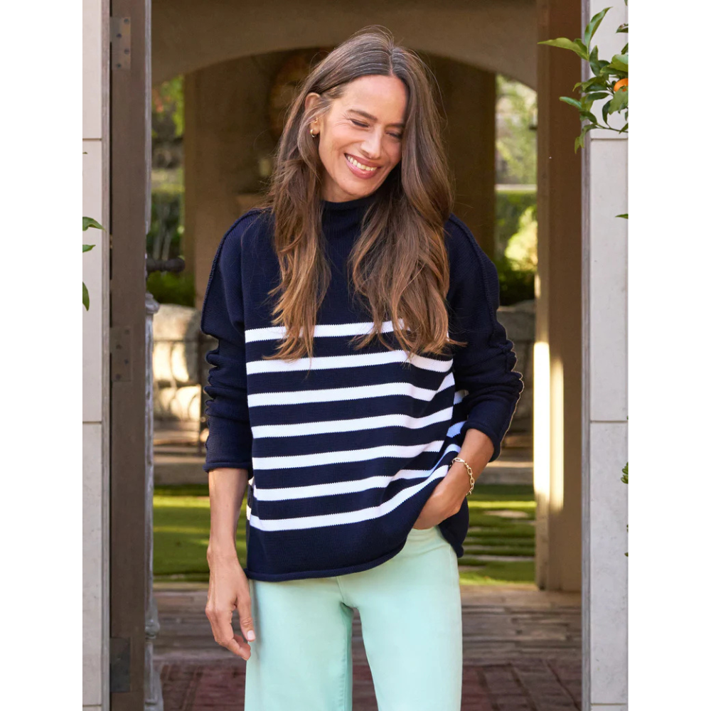 Monterey Rolled Funnel Neck Sweater in Marine with White Stripe