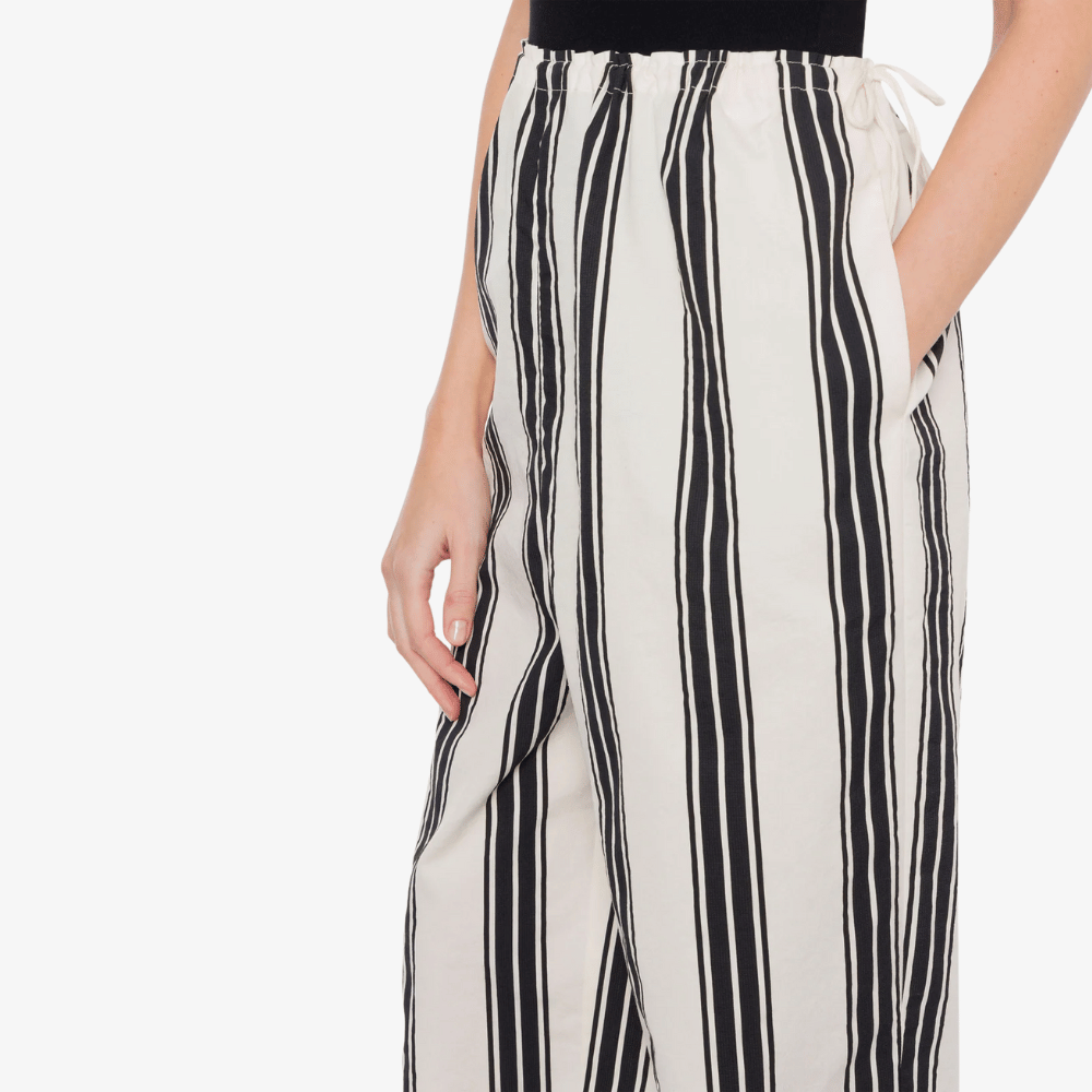 Philosophy di Lorenzo Serafini Nylon Striped Pants in Ivory and Black Stripe, international luxury fashion brands available at Riada Concept Woollahra, Sydney Australia and online