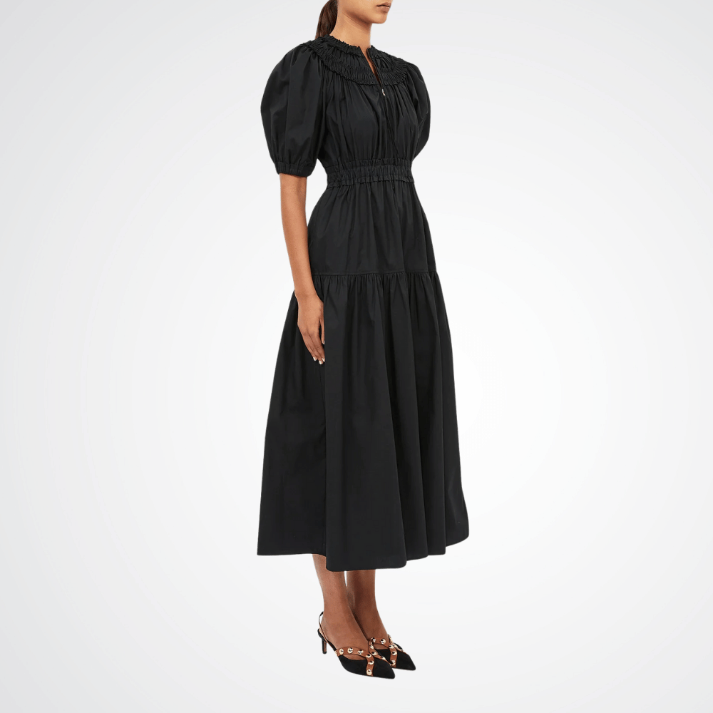 Ulla Johnson Othella Short Sleeve Midi Dress in Noir – luxury black cotton midi dress with puffed sleeves, Available instore and online at Riada Concept, Woollahra Sydney’s destination for a curated selection of international luxury brands
