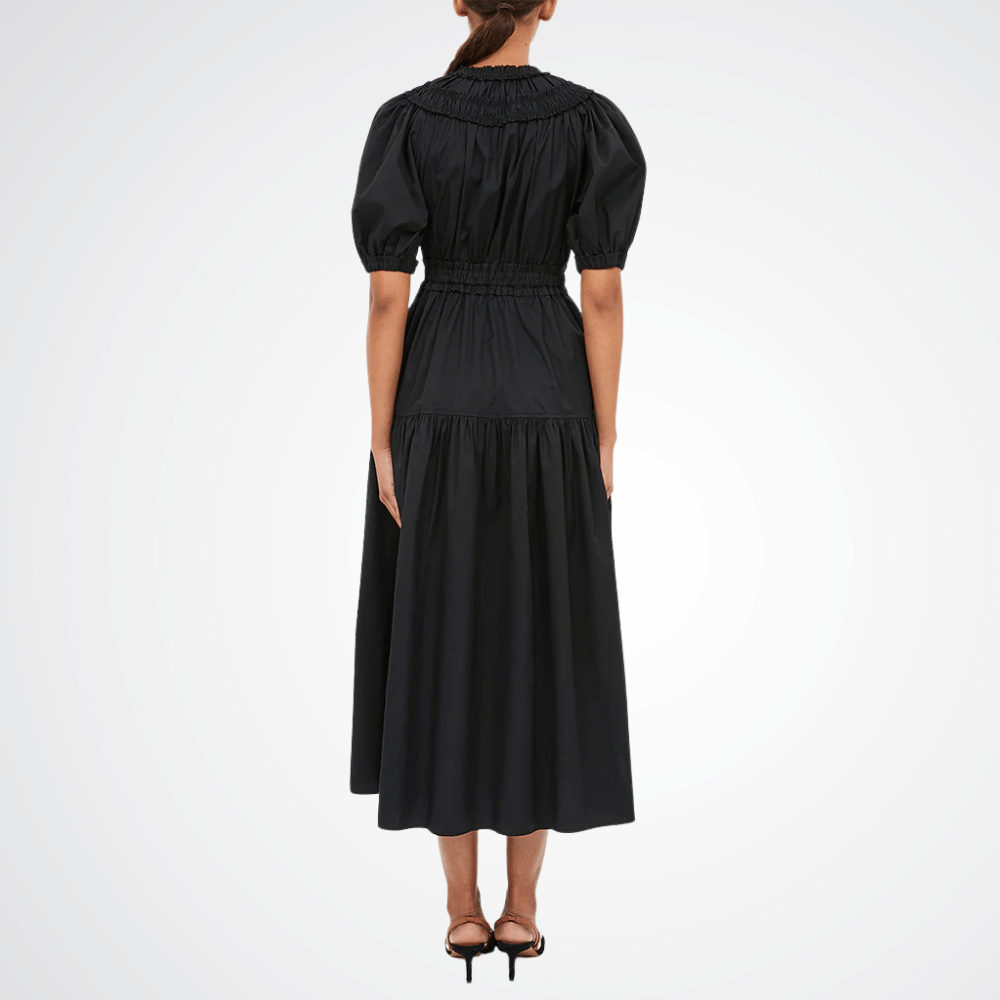 Ulla Johnson Othella Short Sleeve Midi Dress in Noir – luxury black cotton midi dress with puffed sleeves, Available instore and online at Riada Concept, Woollahra Sydney’s destination for a curated selection of international luxury brands