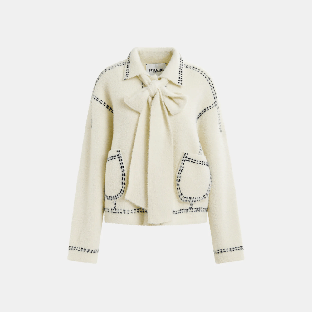 Essentiel Antwerp Oversized Knit Scarf-Cardigan with Contrast Stitching in White ESSENTIEL ANTWERP Designer fashion shop online and in store High End fashion boutique Sydney Australia Riada Concept