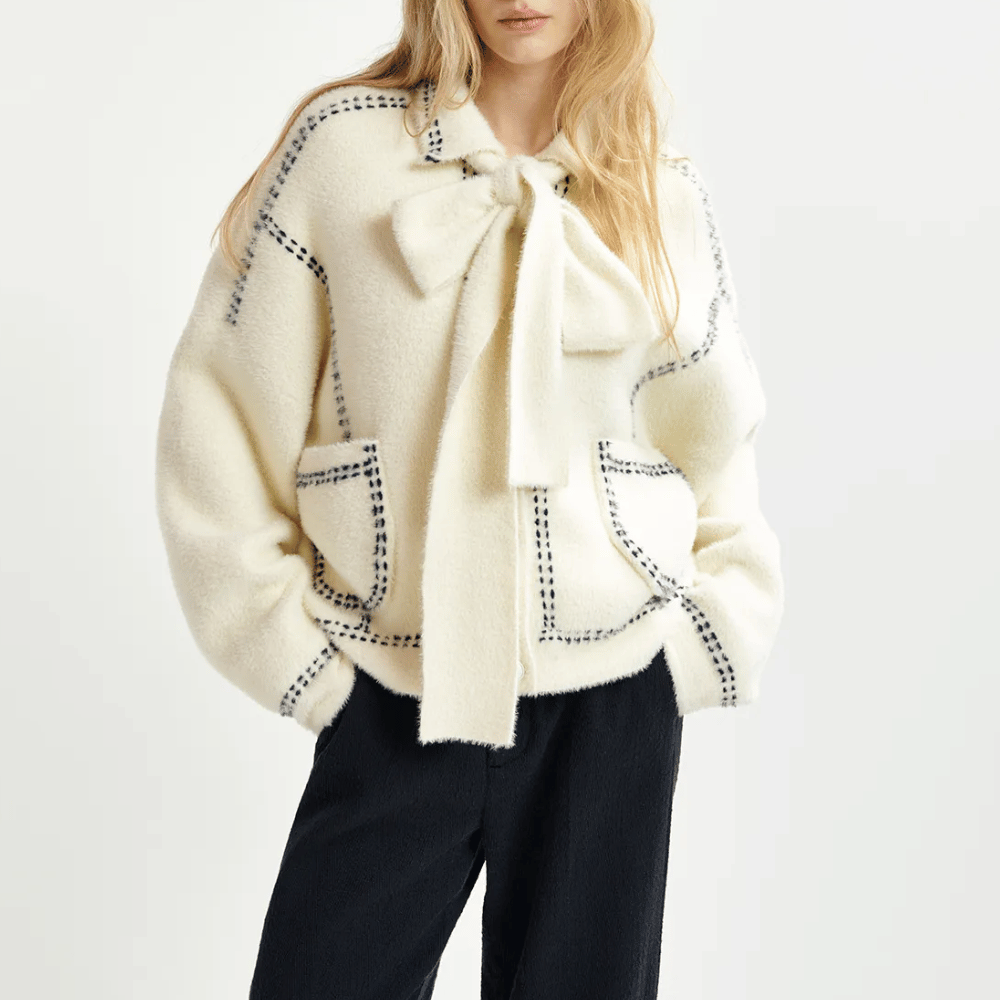 Essentiel Antwerp Oversized Knit Scarf-Cardigan with Contrast Stitching in White ESSENTIEL ANTWERP Designer fashion shop online and in store High End fashion boutique Sydney Australia Riada Concept