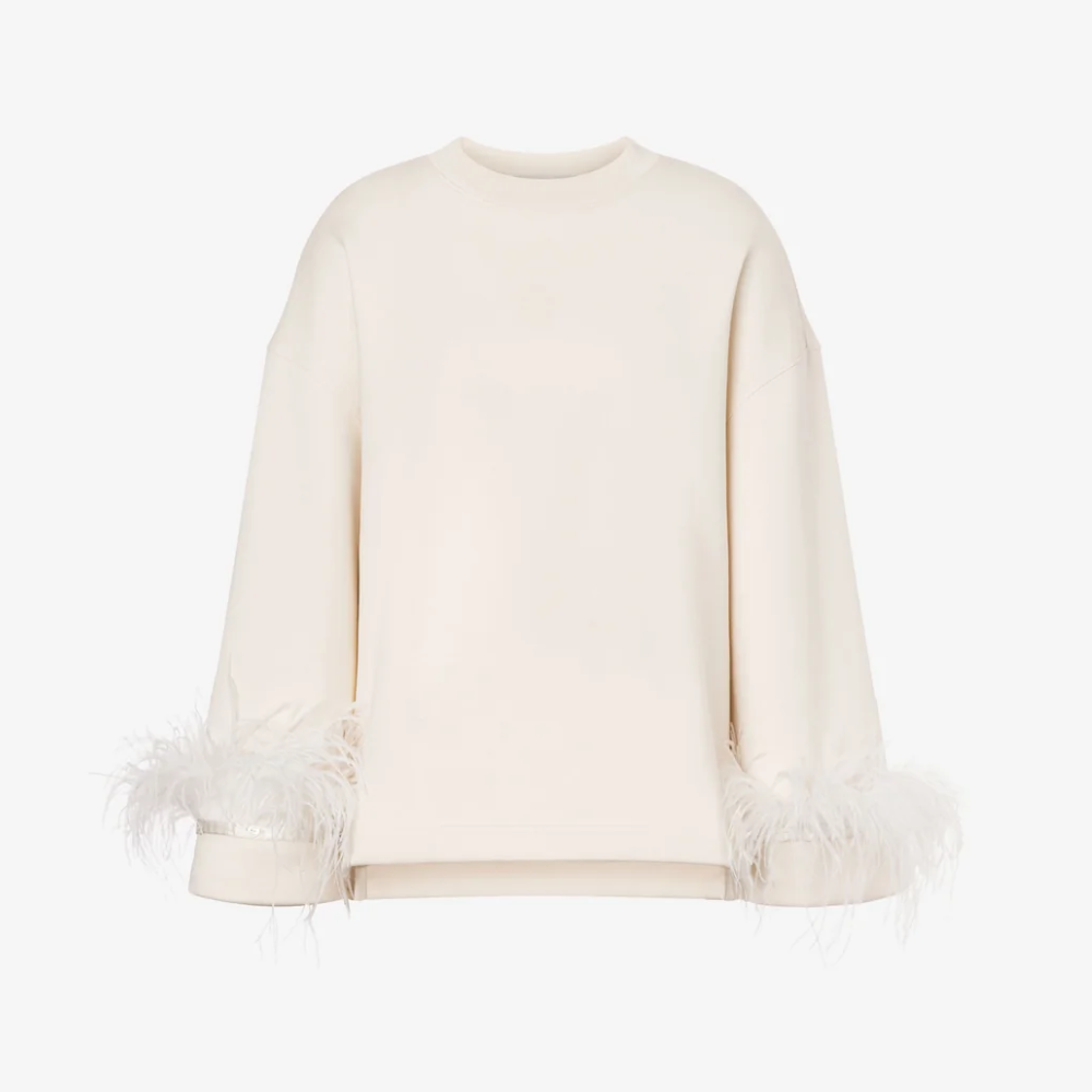 Philosophy di Lorenzo Serafini Detachable Feather Sleeve Sweatshirt in Ivory – luxury Italian recycled cotton sweatshirt with removable feather sleeves, available at Riada Concept Australia