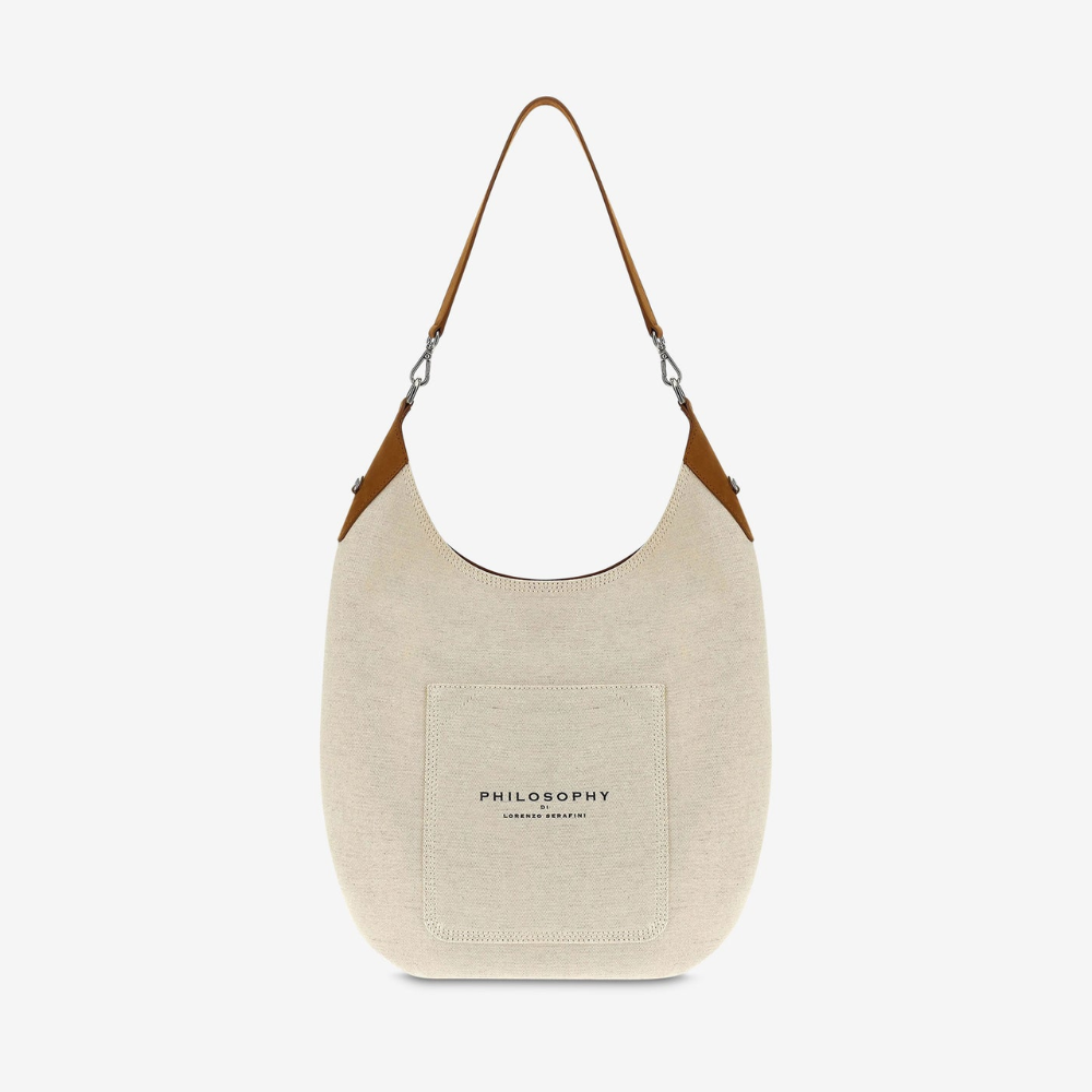 Philosophy di Lorenzo Serafini Canvas Shoulder Bag in Ivory with suede trim — luxury Italian canvas and suede handbag, available at Riada Concept Australia