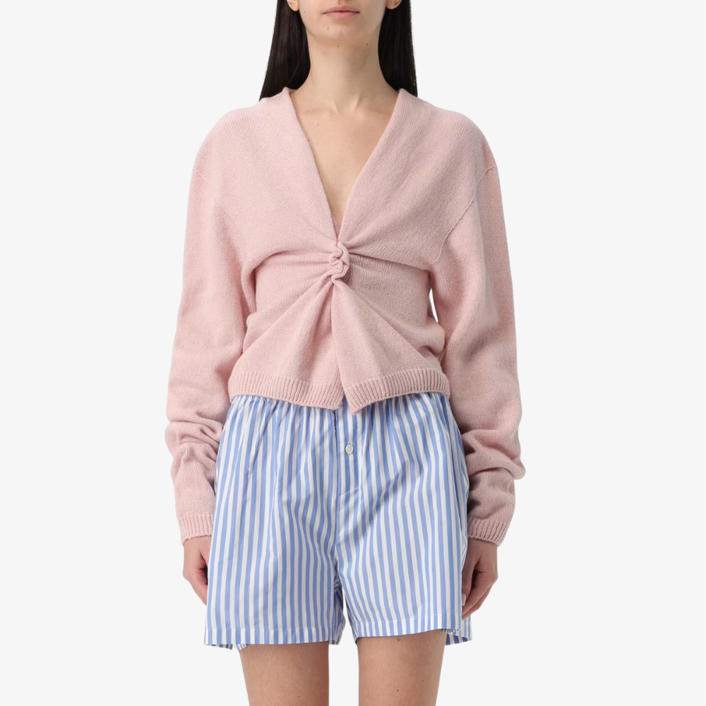 Philosophy di Lorenzo Serafini Cashmere Wool Twist Front Sweater in Pink with V-neckline and feminine twist detail, international luxury knitwear fashion labels at Riada Concept Woollahra, Sydney Australia and online