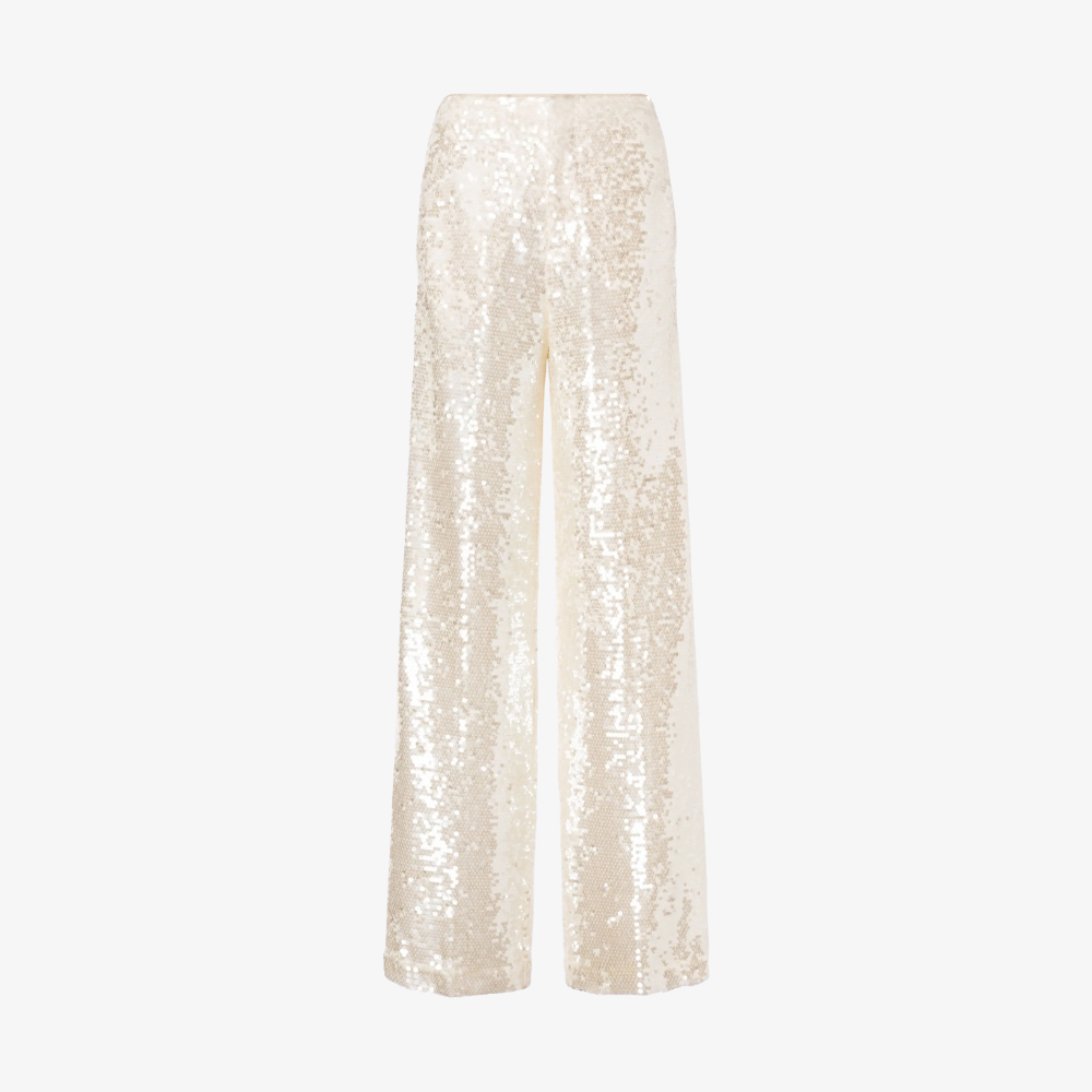 Philosophy di Lorenzo Serafini Sequinned Wide-Leg Trousers in Ivory-Gold with all-over sequin embellishment, Italian luxury evening trousers available at Riada Concept Australia