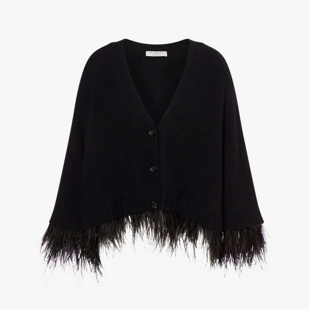 Philosophy di Lorenzo Serafini Recycled Cashmere Feather Trim Cardigan in Black, luxury Italian knitwear with tonal feather-trimmed hemline, available at Riada Concept Australia