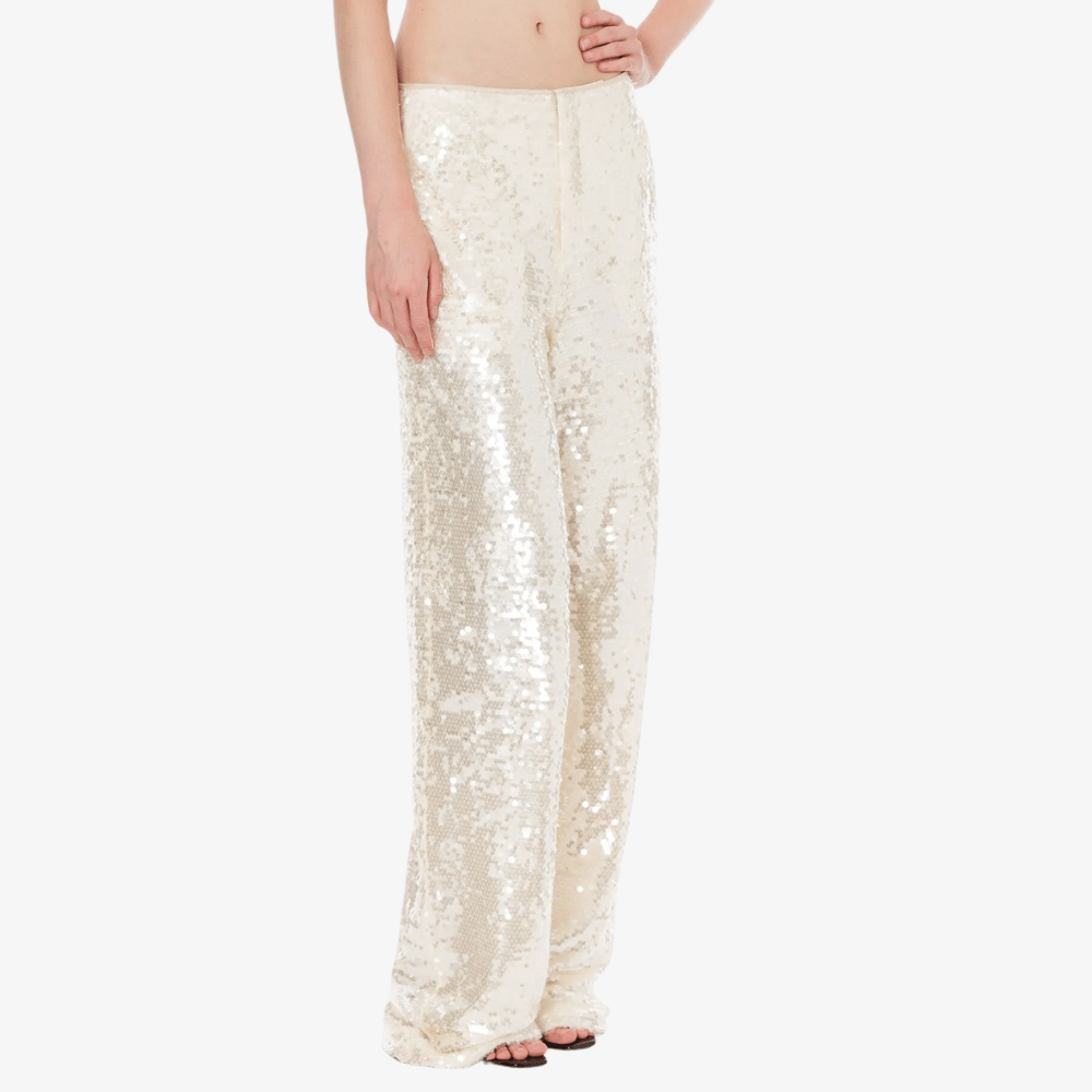 Philosophy di Lorenzo Serafini Sequinned Wide-Leg Trousers in Ivory-Gold with all-over sequin embellishment, Italian luxury evening trousers available at Riada Concept Australia