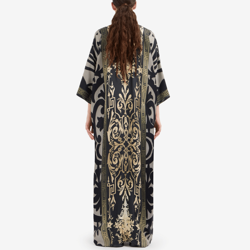 Pierre-Louis Mascia Aloe Silk Kaftan Dress in Black, Olive and Gold Baroque Print PIERRE LOUIS MASCIA designer fashion online or in-store at Riada Concept, Sydney’s high-end fashion boutique in Australia.
