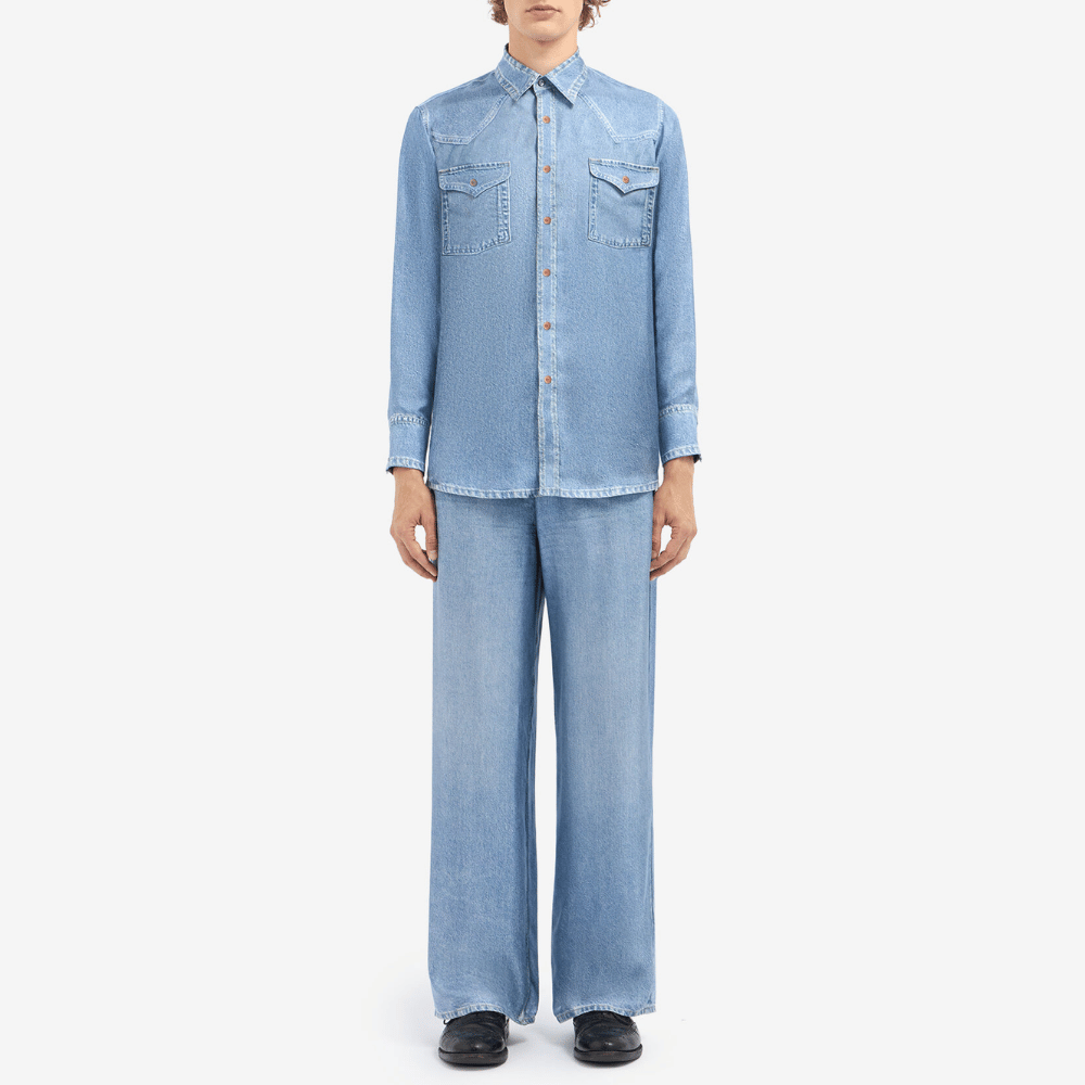 Pierre-Louis Mascia Aloe Silk Long Sleeve Shirt in Blue Denim Trompe-l’œil Denim Effect Print Shop PIERRE LOUIS MASCIA designer fashion online or in-store at Riada Concept, Sydney’s high-end fashion boutique in Australia.