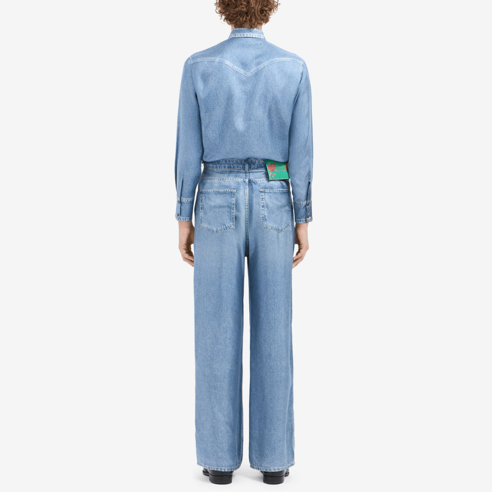 Pierre-Louis Mascia Aloe Silk Long Sleeve Shirt in Blue Denim Trompe-l’œil Denim Effect Print Shop PIERRE LOUIS MASCIA designer fashion online or in-store at Riada Concept, Sydney’s high-end fashion boutique in Australia.