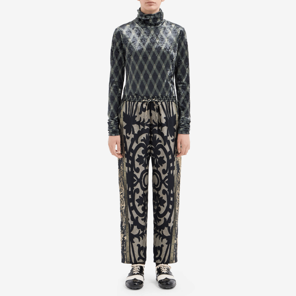 Pierre-Louis Mascia Aloe Silk Trousers in Black and Olive Baroque Motif PIERRE LOUIS MASCIA designer fashion online or in-store at Riada Concept, Sydney’s high-end fashion boutique in Australia.