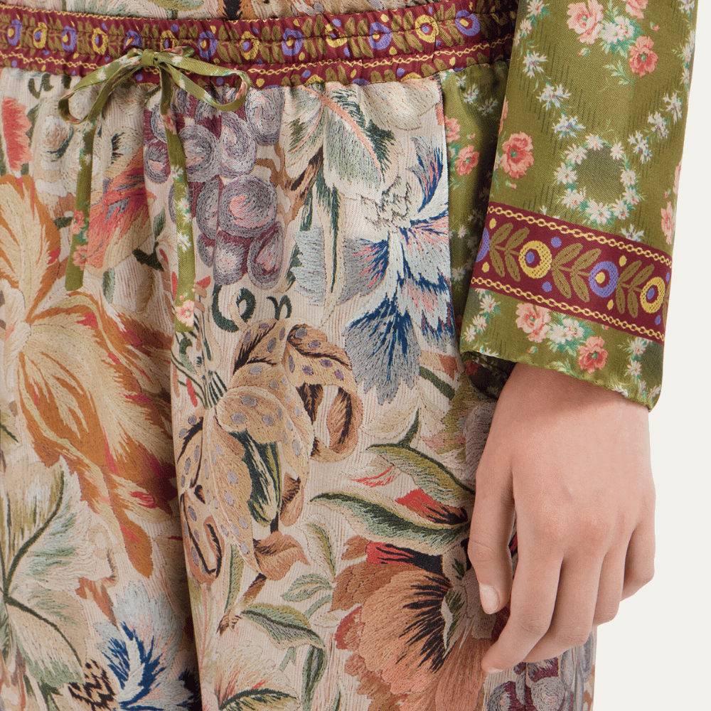 Pierre-Louis Mascia Aloe Silk Trousers in Green and Peach Botanical Tapestry Shop PIERRE LOUIS MASCIA designer fashion online or in-store at Riada Concept, Sydney’s high-end fashion boutique in Australia.