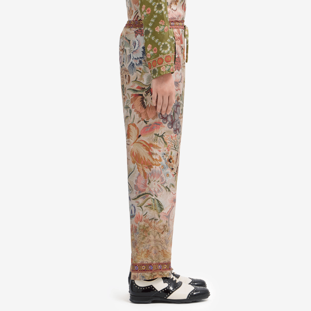 Pierre-Louis Mascia Aloe Silk Trousers in Green and Peach Botanical Tapestry Shop PIERRE LOUIS MASCIA designer fashion online or in-store at Riada Concept, Sydney’s high-end fashion boutique in Australia.