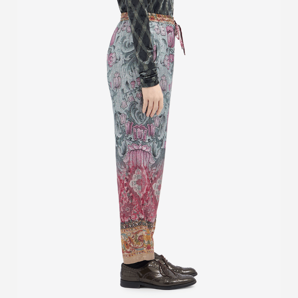 Pierre-Louis Mascia Aloe Silk Trousers in Grey, Pink and Floral Tapestry Print PIERRE LOUIS MASCIA designer fashion online or in-store at Riada Concept, Sydney’s high-end fashion boutique in Australia.