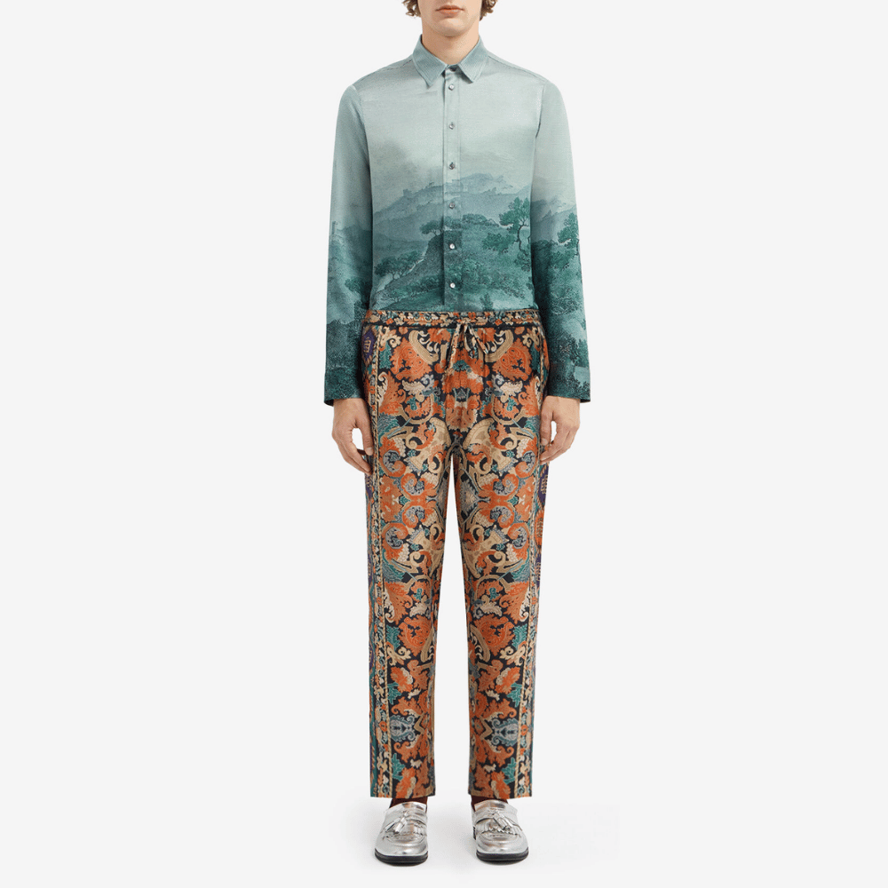 Pierre-Louis Mascia Aloe Silk Trousers in Orange and Blue Ornamental Tapestry Print PIERRE LOUIS MASCIA designer fashion online or in-store at Riada Concept, Sydney’s high-end fashion boutique in Australia.