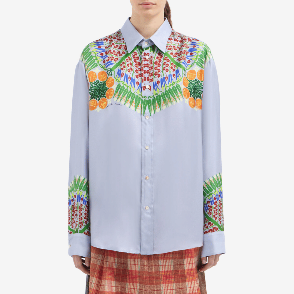 Pierre-Louis Mascia Aloebio Silk Long Sleeve Shirt in Light Blue with Botanical Motif Shop PIERRE LOUIS MASCIA designer fashion online or in-store at Riada Concept, Sydney’s high-end fashion boutique in Australia.