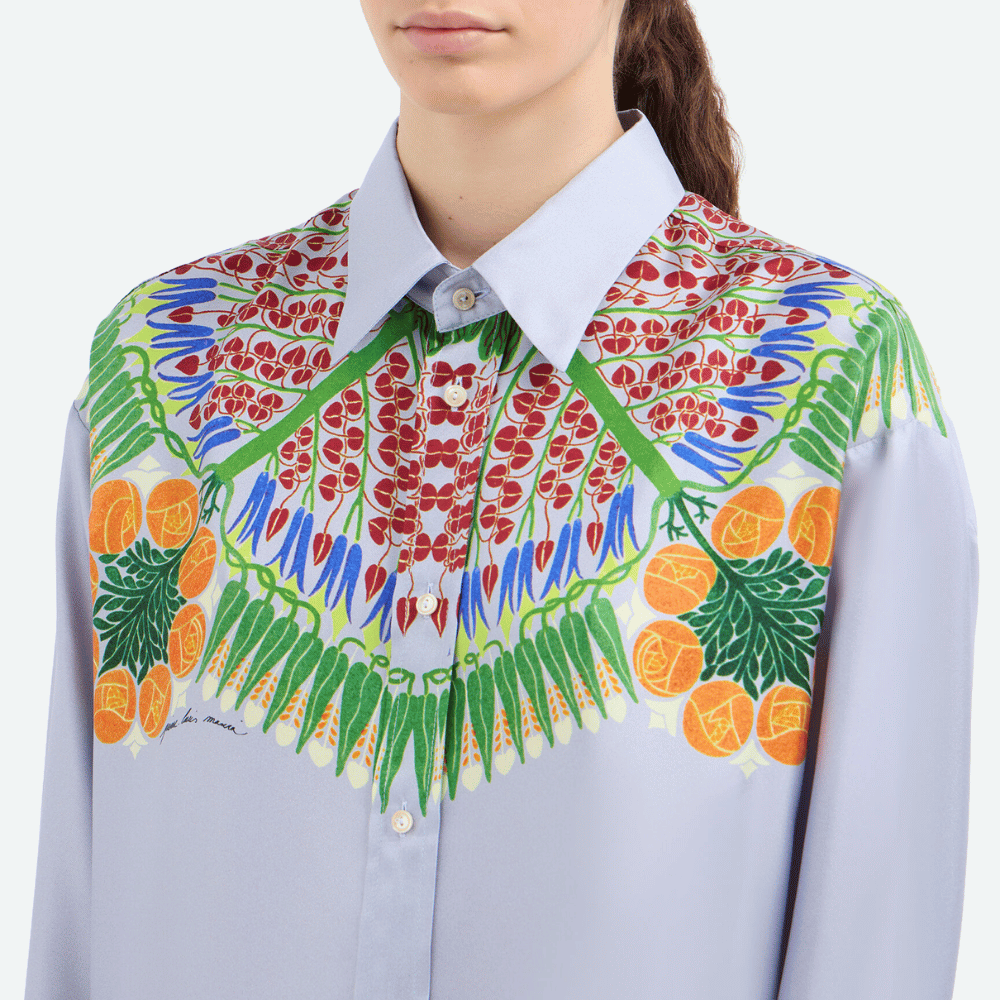 Pierre-Louis Mascia Aloebio Silk Long Sleeve Shirt in Light Blue with Botanical Motif Shop PIERRE LOUIS MASCIA designer fashion online or in-store at Riada Concept, Sydney’s high-end fashion boutique in Australia.