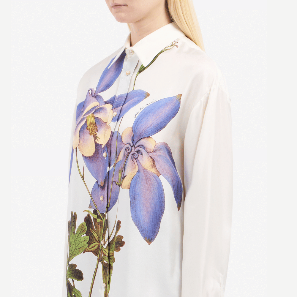 Pierre-Louis Mascia Aloebio Silk Long Sleeve Shirt in Cream with Oversized Purple Floral Print PIERRE LOUIS MASCIA designer fashion online or in-store at Riada Concept, Sydney’s high-end fashion boutique in Australia.