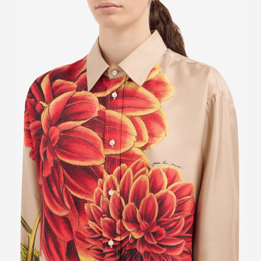 Pierre-Louis Mascia Aloebio Silk Long Sleeve Shirt in Beige with Oversized Red Floral Print PIERRE LOUIS MASCIA designer fashion online or in-store at Riada Concept, Sydney’s high-end fashion boutique in Australia.