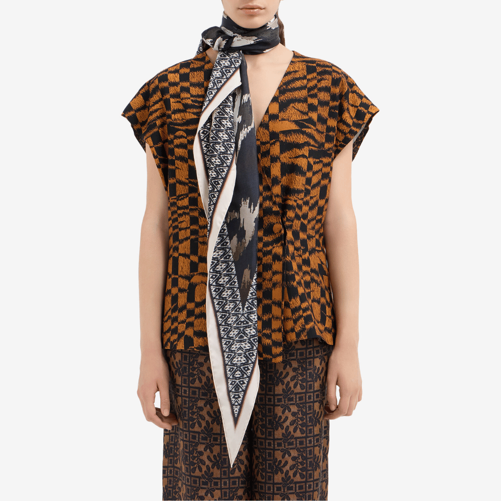 Pierre-Louis Mascia Aloeuw Silk Scarf in Black Ikat Print (65x120cm) Shop PIERRE LOUIS MASCIA designer fashion online or in-store at Riada Concept, Sydney’s high-end fashion boutique in Australia.
