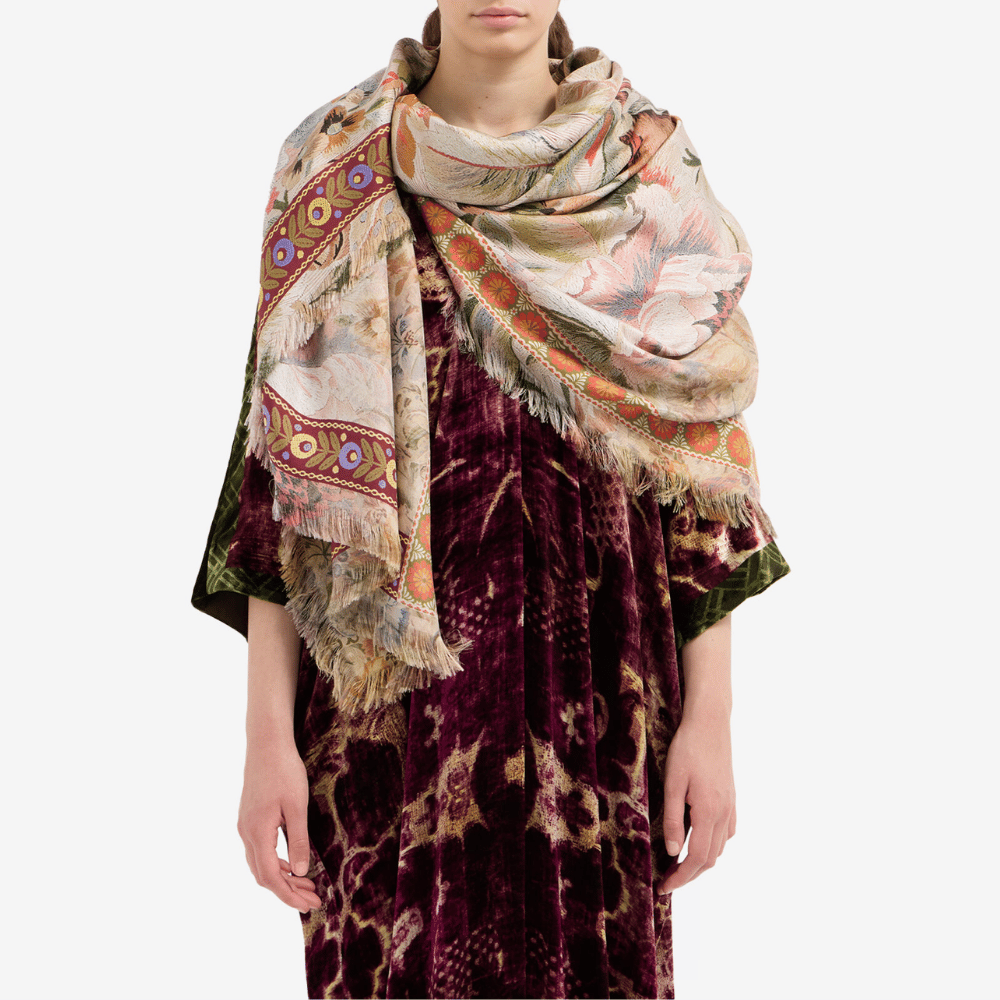 Pierre-Louis Mascia Aloeuw Silk Shawl Scarf in Erbario Ochre Ornamental Floral Tapestry Print (135x195cm) PIERRE LOUIS MASCIA designer fashion online or in-store at Riada Concept, Sydney’s high-end fashion boutique in Australia.