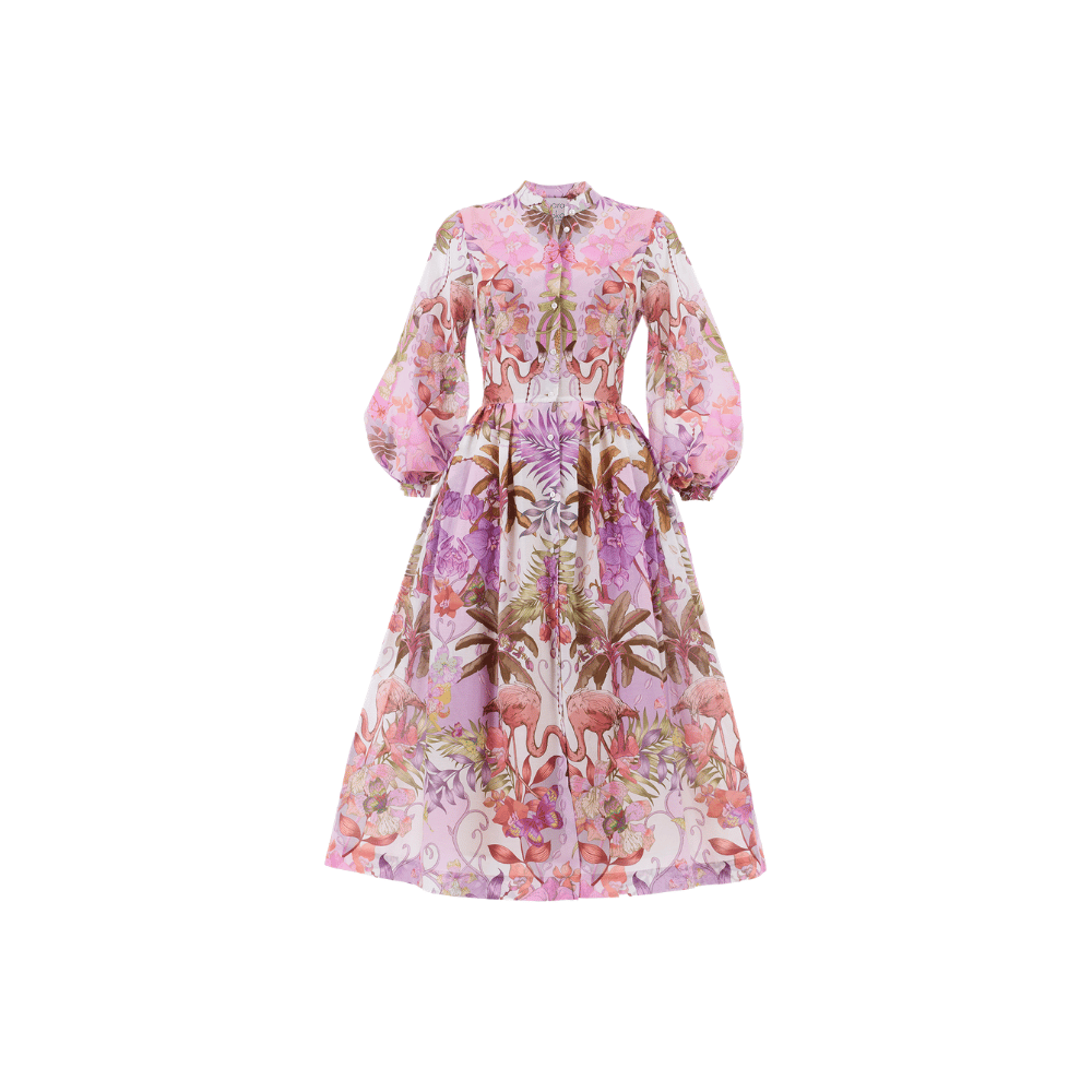 Sara Roka DIONE Cotton Silk Voile Midi Shirt Dress in Pink Flamingo Print – dress front view without belt