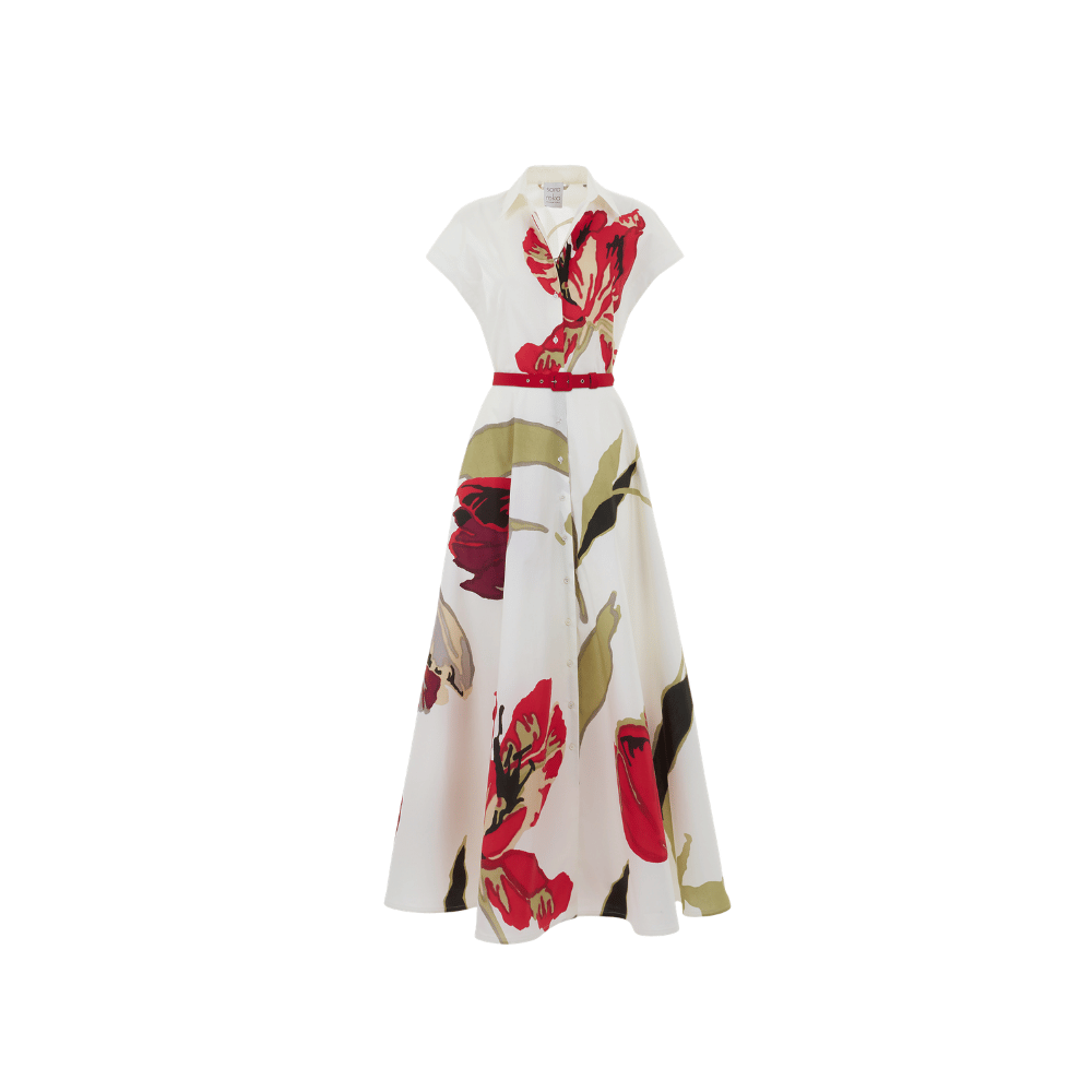 Sara Roka ELODIE Cotton Poplin Maxi Shirt Dress in Red Tulip Print – front view