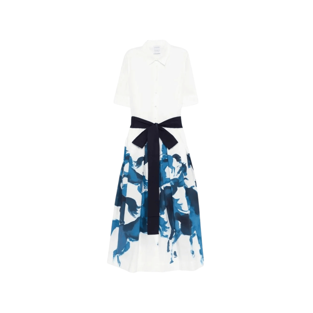 Sara Roka MARGIE Cotton Midi Shirt Dress in Navy and White Horse Print – front view
