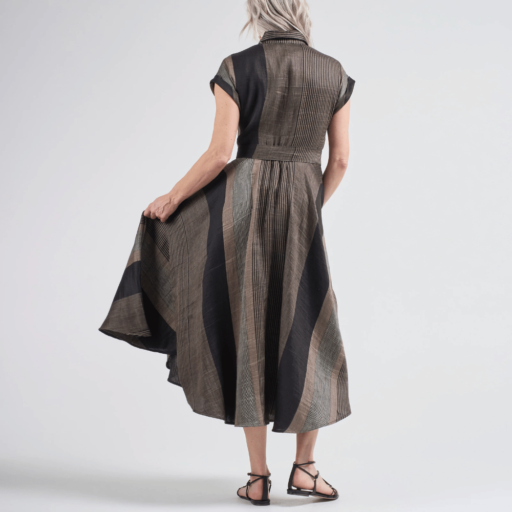 Sara Roka Danielle Dress in Black and Beige Stripe – International designer fashion boutique Australia Riada Concept Woollahra