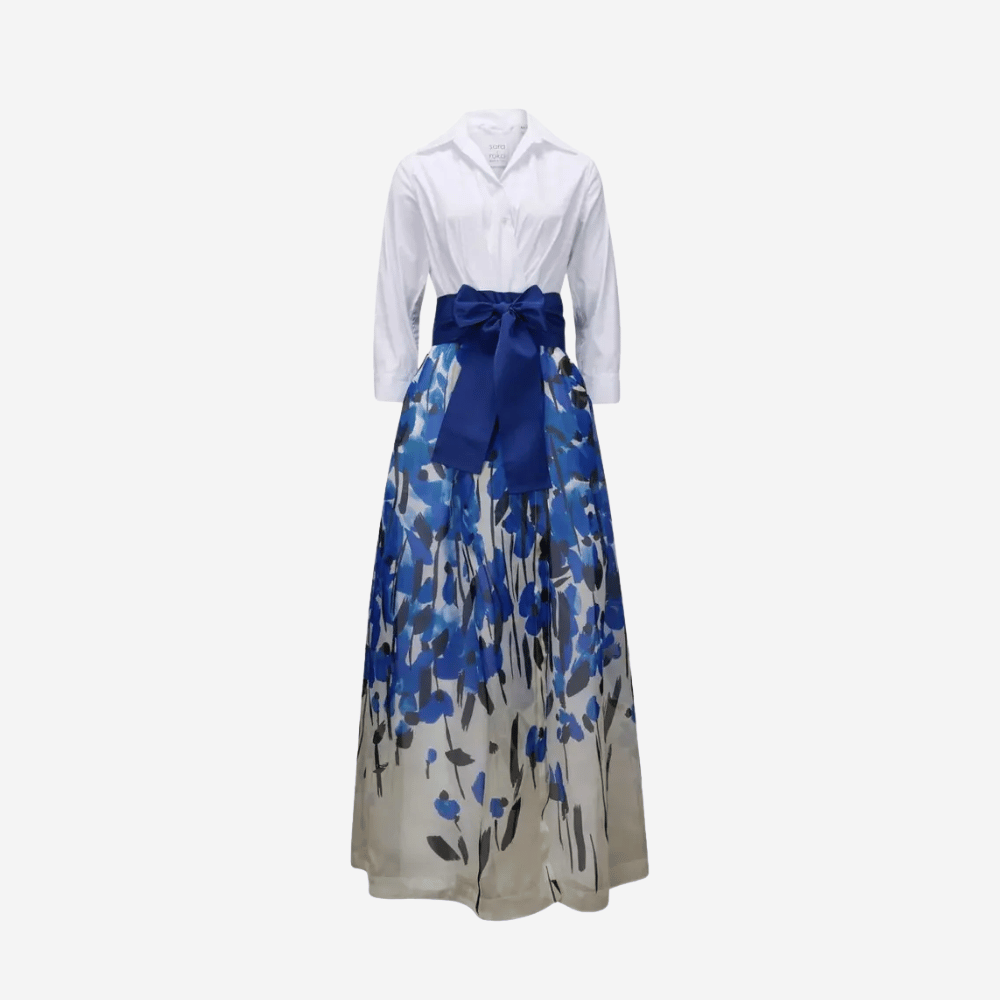 Sara Roka Jinny Long Dress in Blue Garden and White – International designer fashion boutique Australia Riada Concept Woollahra