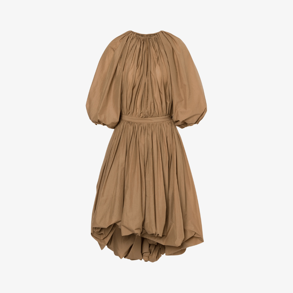 Philosophy di Lorenzo Serafini Short Nylon Dress in Beige. International luxury asymmetric hem midi dress available at Riada Concept Woollahra, Sydney Australia and online