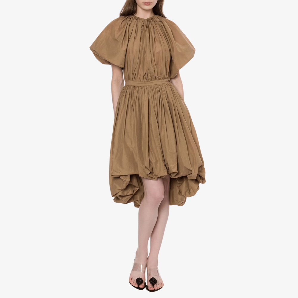 Philosophy di Lorenzo Serafini Short Nylon Dress in Beige. International luxury asymmetric hem midi dress available at Riada Concept Woollahra, Sydney Australia and online